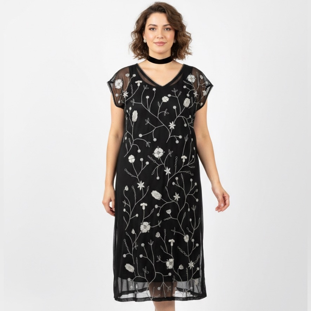 Vintage Black Sheer Mesh Embroidered Dress Threaded Overlay Whimsigoth Size 4